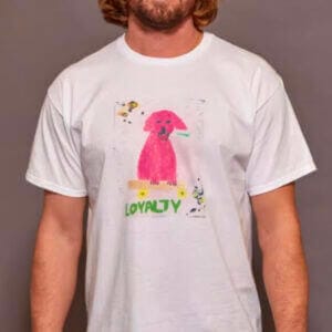 The pink dog organic cotton t- shirt unisex White $55 model wears XL Photographer Alex Korolkovas