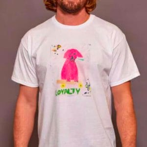 The pink dog organic cotton t- shirt unisex White $55 model wears XL Photographer Alex Korolkovas